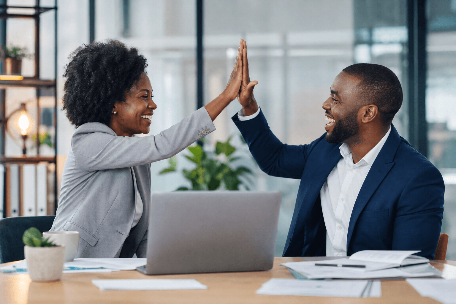 African professionals celebrating project success at a modern office desk